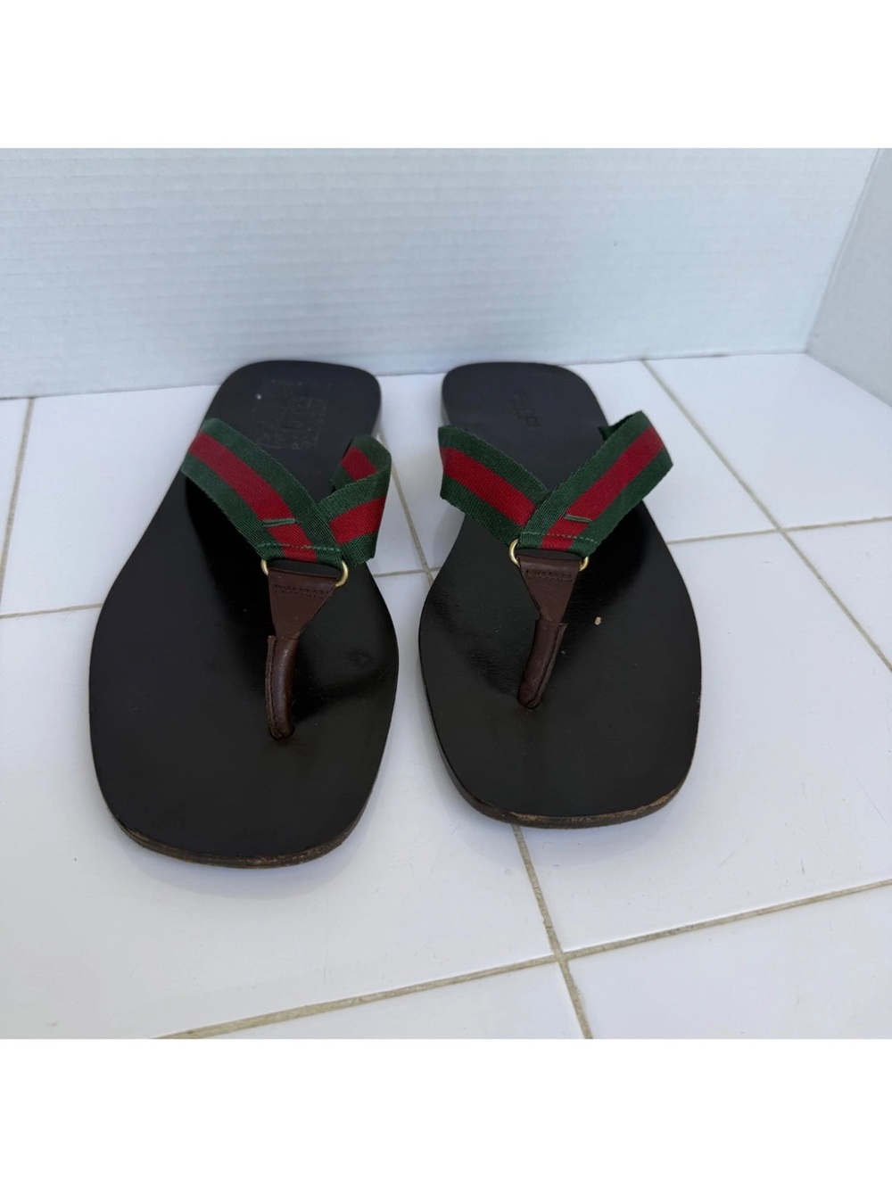 Gucci Black Sandal with Green and Red Striped Strap
